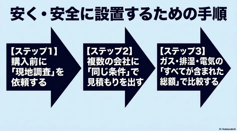 乾太くんを安全に安く設置するため、現地調査、同条件での相見積もり、総額比較の3段階を示す図