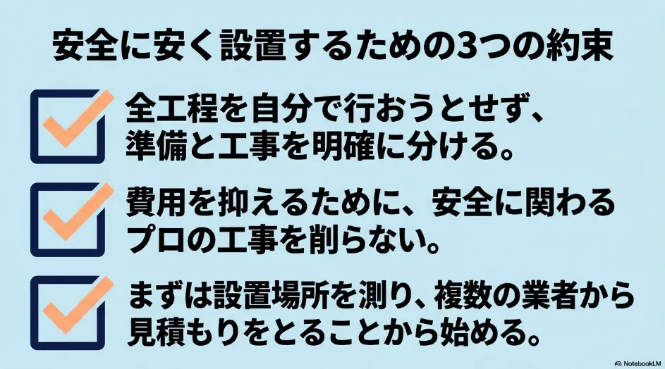 乾太くんを安全かつ安く設置するため、準備と工事を分け、安全工事を削らず、複数業者を比較する3つのポイント