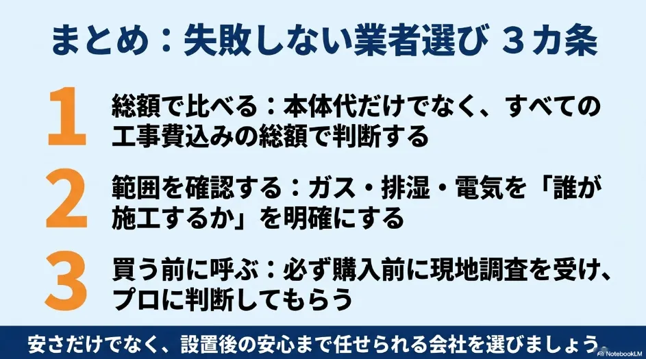 乾太くんの設置業者選びで総額、施工範囲、購入前の現地調査を確認する3つのポイント