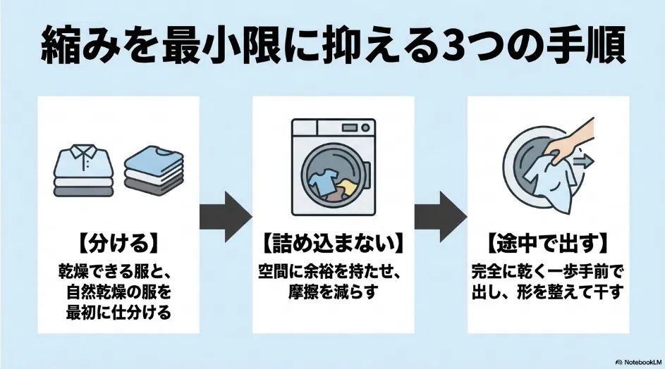 乾燥する衣類を分ける、詰め込まない、途中で取り出す3手順の図