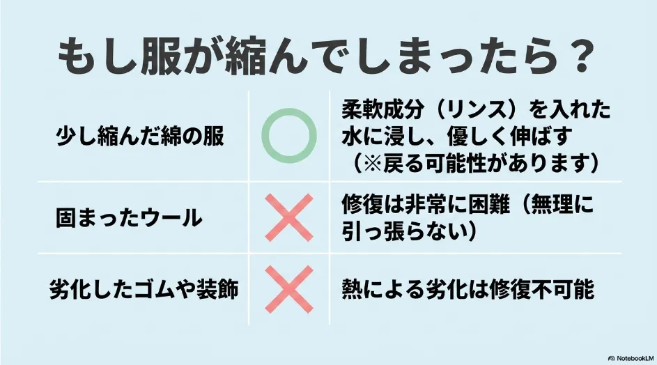 縮んだ綿、固まったウール、劣化したゴムや装飾の復元可否を示す表