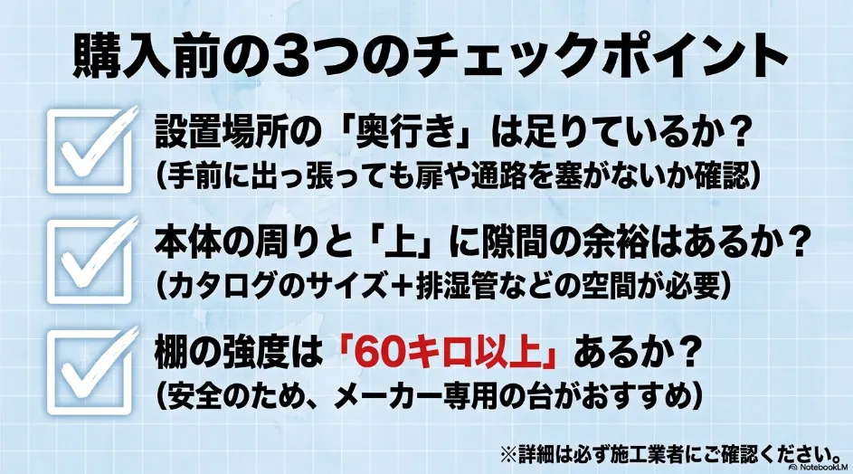 乾太くん購入前に奥行き、周囲と上部の空間、棚の耐荷重60kg以上を確認するチェックリスト