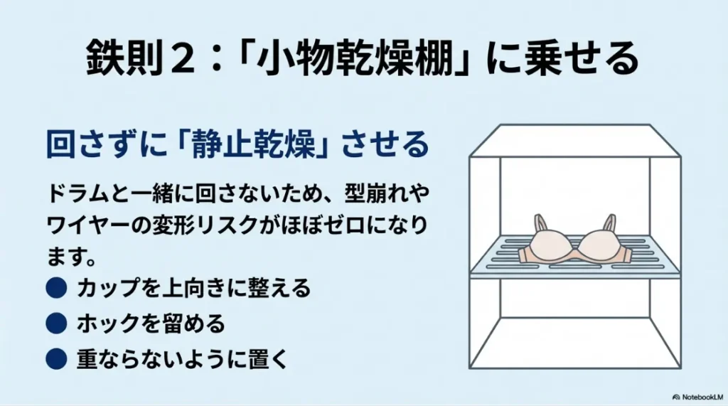 乾太くんの小物乾燥棚にブラジャーを上向きに置いて静止乾燥させる方法