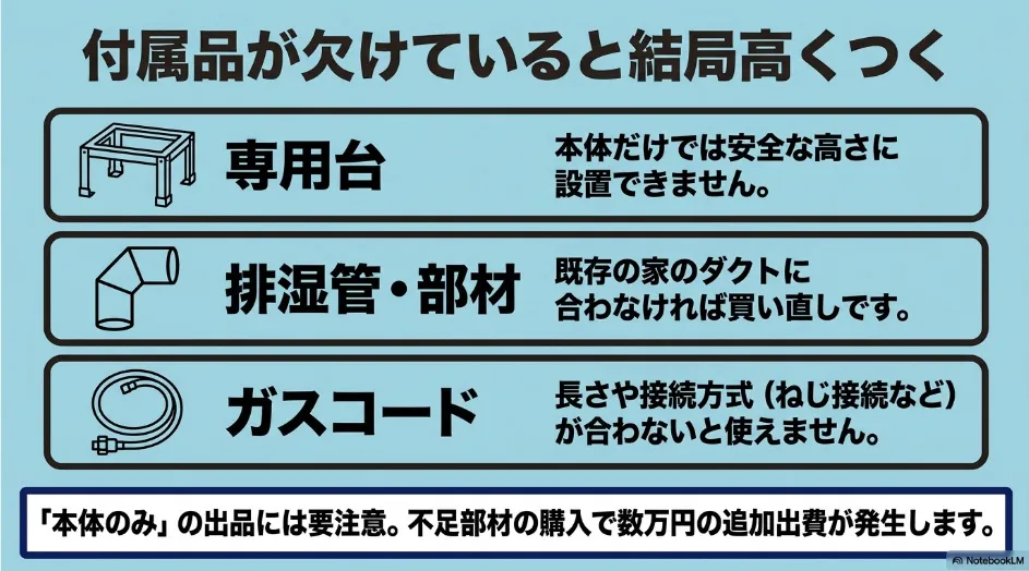 乾太くん中古品で専用台、排湿管、ガスコードが欠品すると追加費用が発生することを示す図
