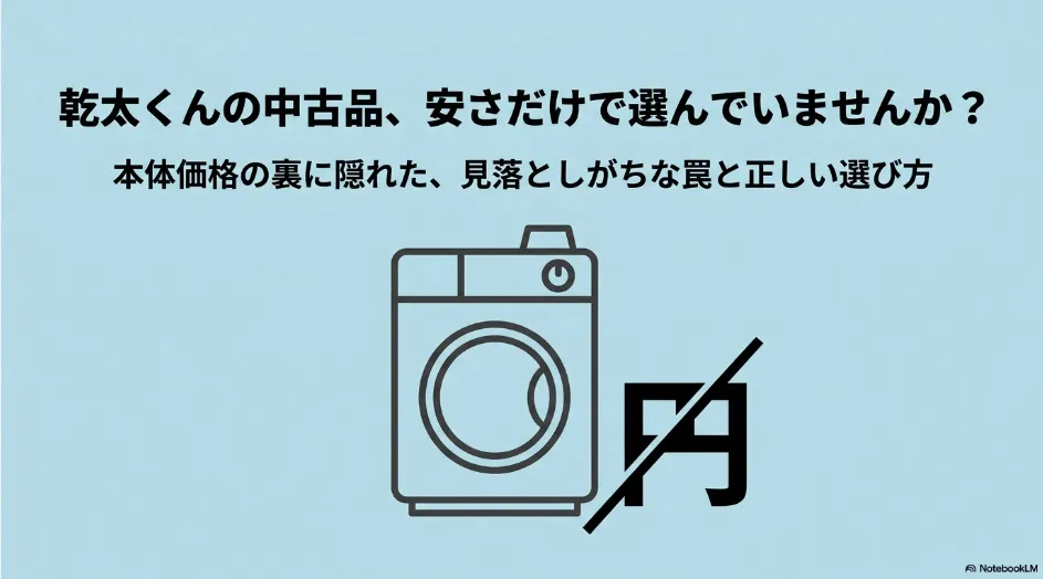 乾太くんの中古品を安さだけで選ばず、本体価格以外の注意点を確認する必要性を示すイラスト