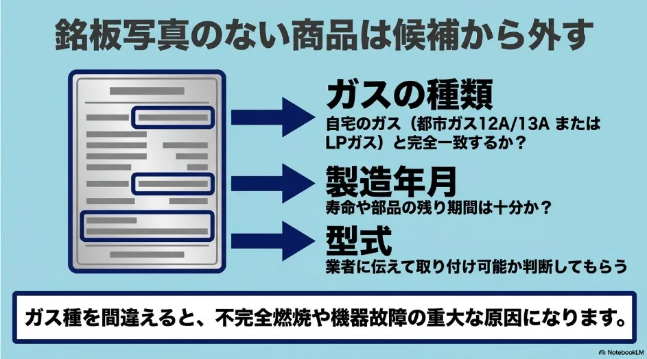 乾太くん中古品の銘板でガスの種類、製造年月、型式を確認する重要性を示す図