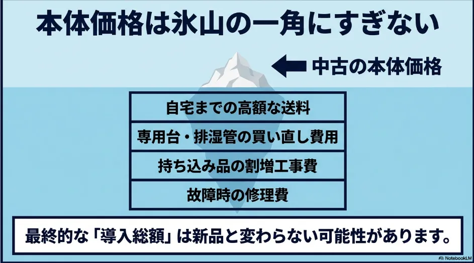 乾太くん中古品の本体価格以外に送料、専用台、排湿管、割増工事費、修理費がかかることを示す図