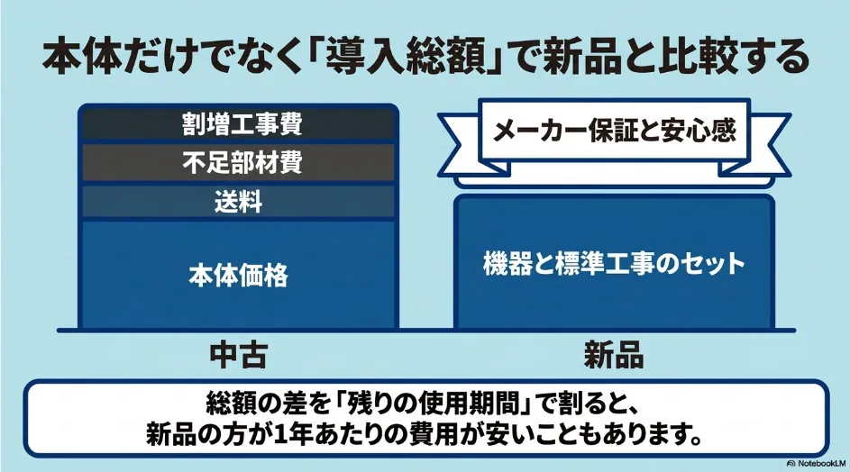 乾太くんの中古品と新品を本体価格ではなく導入総額と残りの使用期間で比較する図