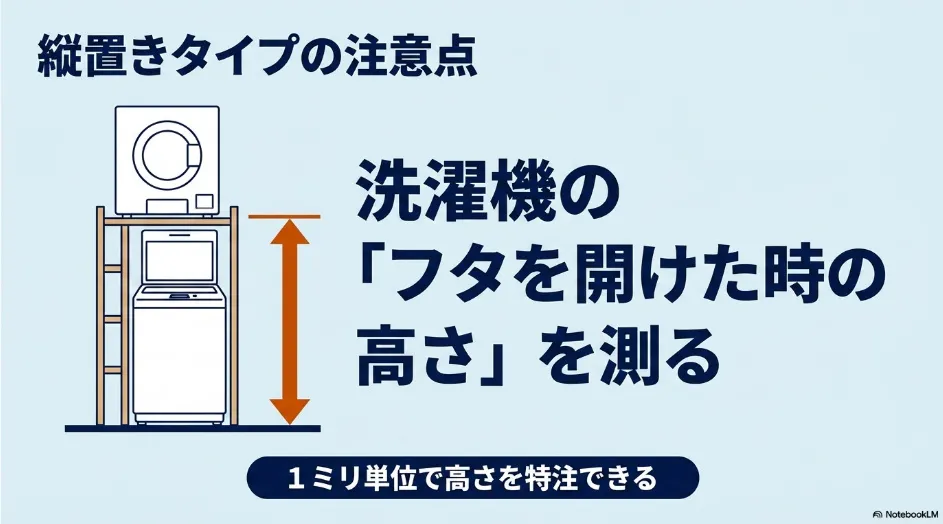 縦置き収納ユニットで洗濯機のフタを全開にした高さを測り、設置高さを決める方法