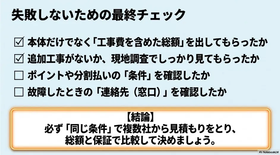 乾太くんの契約前に工事費込み総額、追加工事、支払条件、故障時の連絡先を確認するチェックリスト
