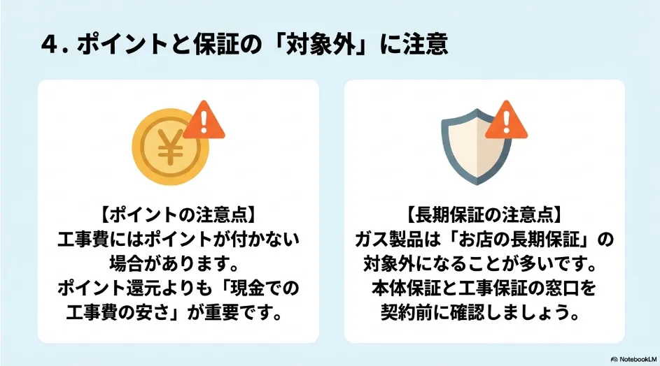乾太くんの工事費に対するポイント還元と、ガス製品の長期保証対象についての注意点