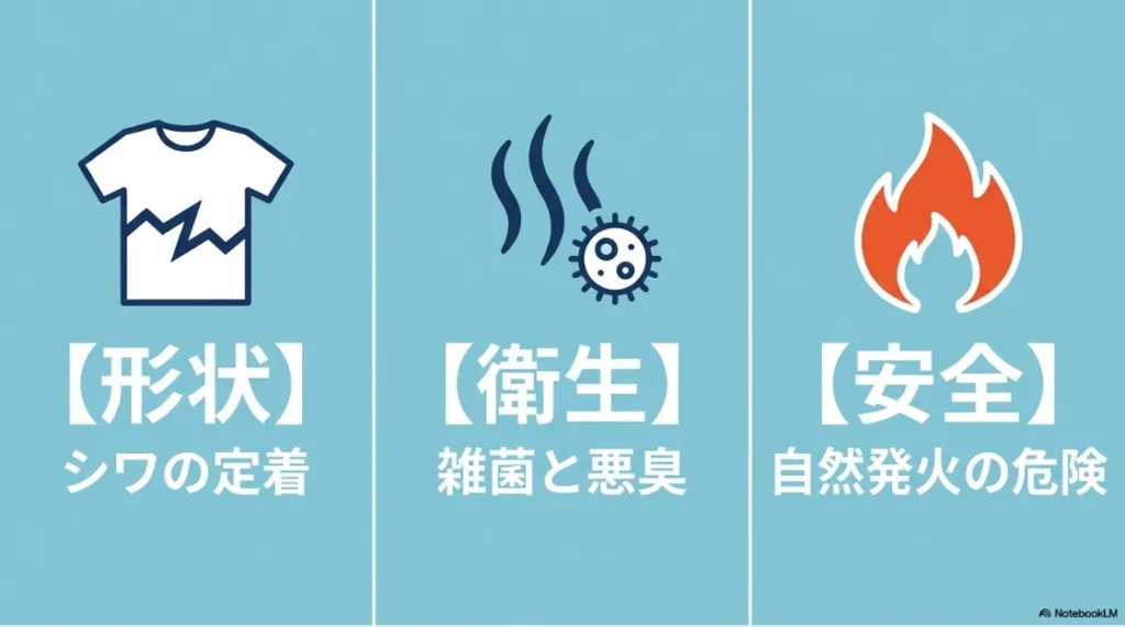 放置によるリスクを「形状（シワの定着）」「衛生（雑菌と悪臭）」「安全（自然発火の危険）」の3つのアイコンで示したスライド。