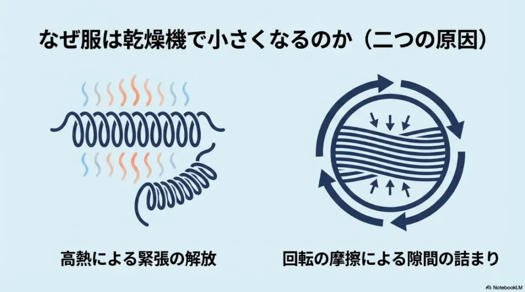 高熱による繊維の緊張の解放と、回転による摩擦で隙間が詰まるという、服が小さくなる2つの原因を説明する図解。