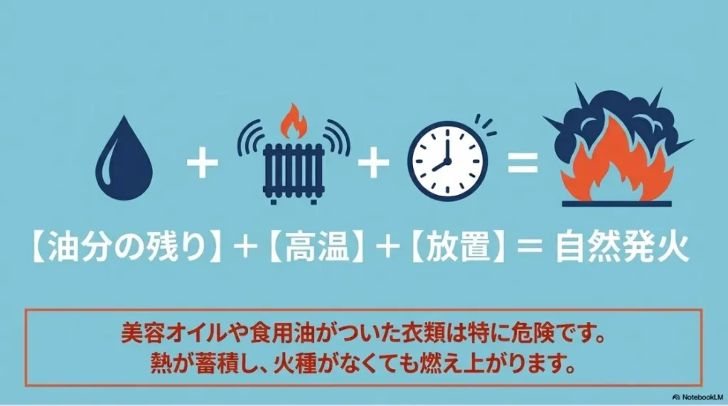 自然発火のメカニズム。油分の残り＋高温＋放置が重なることで、熱が蓄積し火がなくても燃え上がる様子を示した図解。