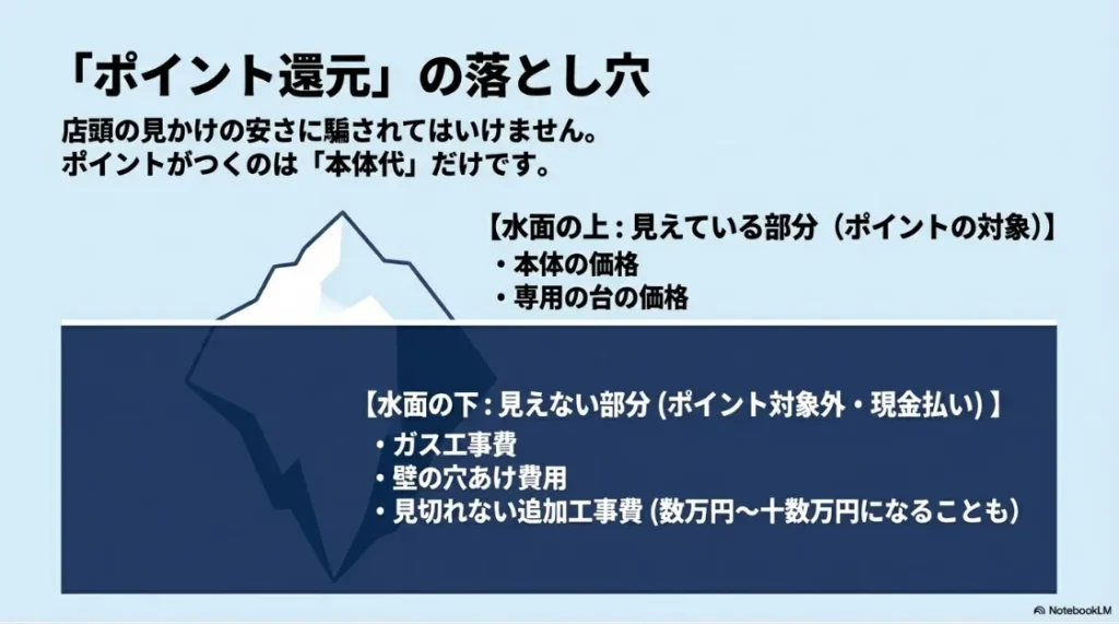 ポイント還元の落とし穴。氷山の上(本体代・ポイント対象)と、水面下の隠れた高額な工事費用(ポイント対象外)の図解 。