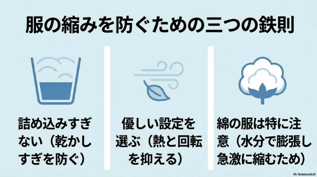 服の縮みを防ぐための3つの鉄則（詰め込みすぎない、優しい設定、綿への注意）をまとめたスライド。