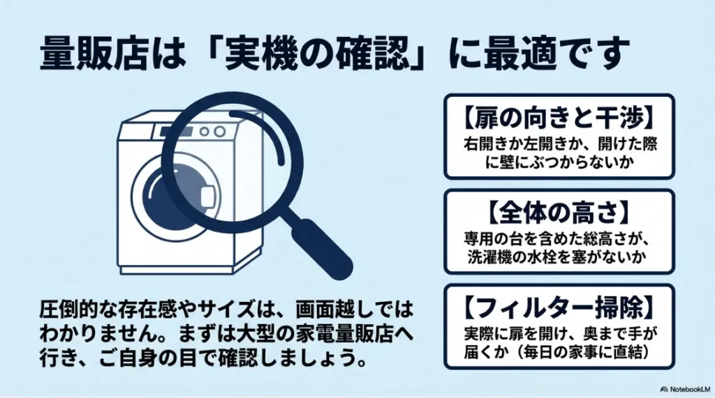 家電量販店での実機確認ポイント。扉の向き、設置高さ、フィルター掃除のしやすさを虫眼鏡で確認しているイラスト 。
