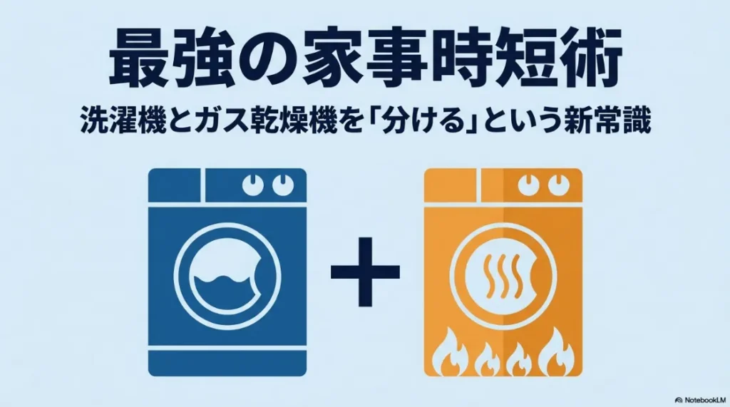 最強の家事時短術。洗濯機とガス乾燥機を分けるという新常識のタイトルスライド画像。