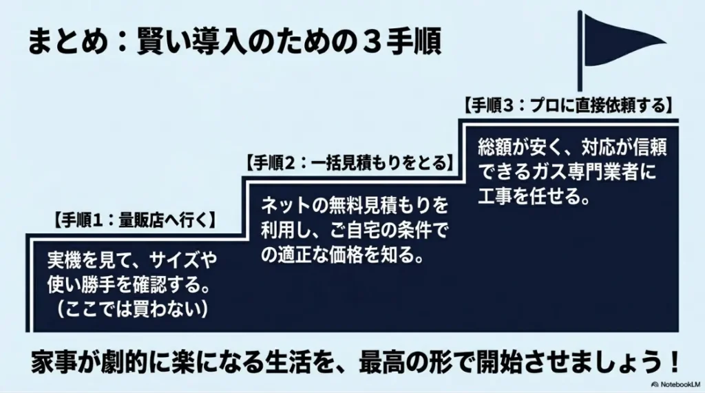 乾太くんを賢く導入するための3手順まとめ。量販店での確認、一括見積もりの利用、プロへの直接依頼の流れ 。