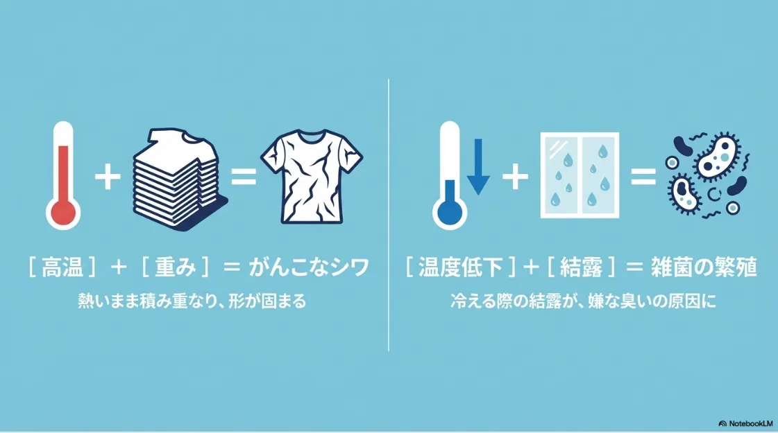 シワと雑菌の仕組みの解説。高温＋重みで「がんこなシワ」になり、温度低下＋結露で「雑菌の繁殖」を招くことを示す図解。