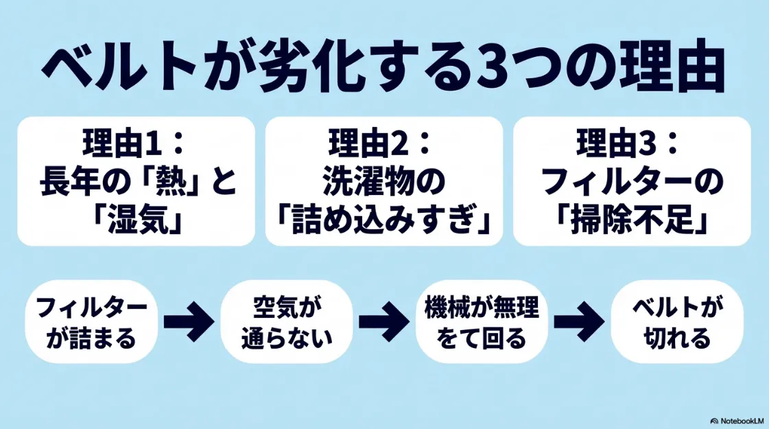 ベルトが劣化する3つの理由。熱と湿気、洗濯物の詰め込みすぎ、フィルターの掃除不足が原因でベルトが切れるまでの流れ。