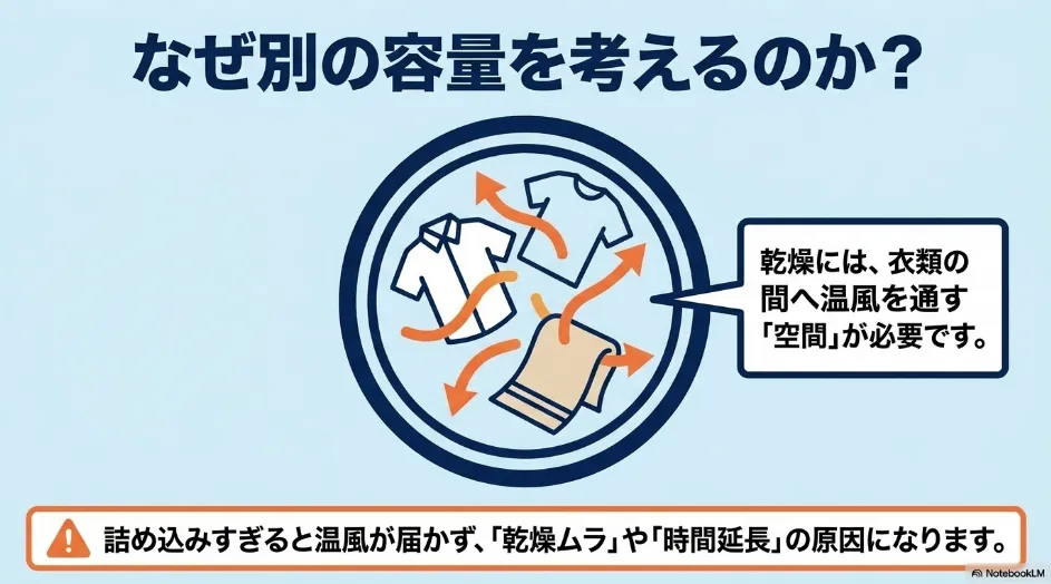 衣類乾燥機のドラム内で衣類の間を温風が通り、詰め込みすぎると乾燥ムラや運転時間の延長につながることを示した図