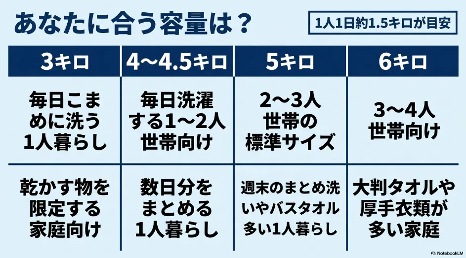 衣類乾燥機の3kg、4〜4.5kg、5kg、6kgについて、世帯人数や洗濯頻度、厚手衣類の量から向いている家庭を比較した表