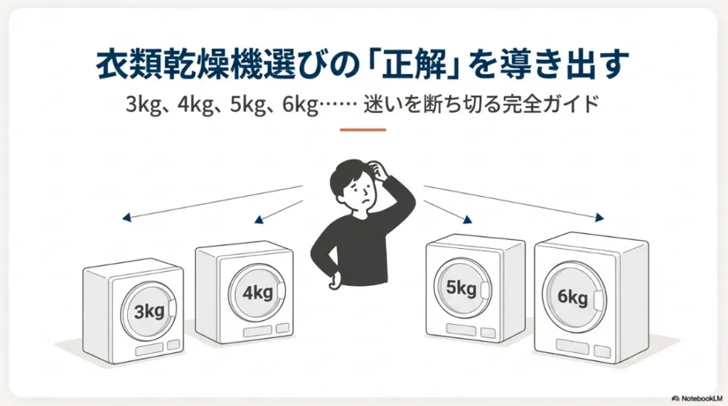 3kg、4kg、5kg、6kgの衣類乾燥機を前に、どれを選べばいいか悩んでいる男性のイラスト。衣類乾燥機選びの正解を導き出すガイドの表紙。