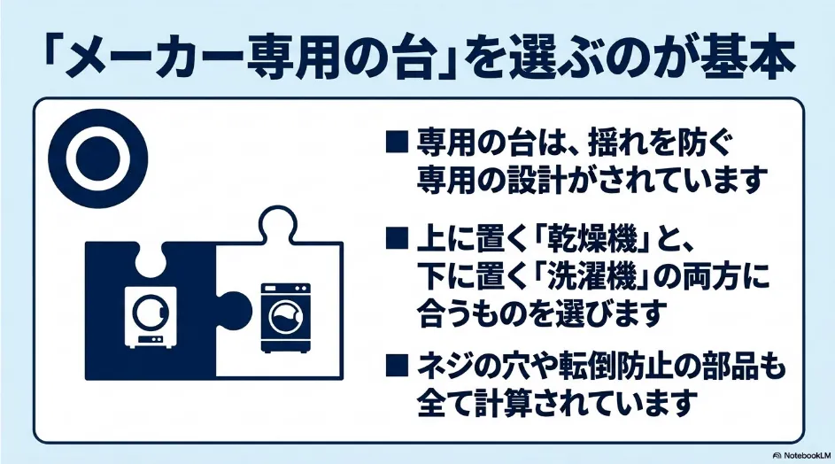 メーカー専用台が揺れ防止や乾燥機と洗濯機の適合を考慮して設計されていることを示す図