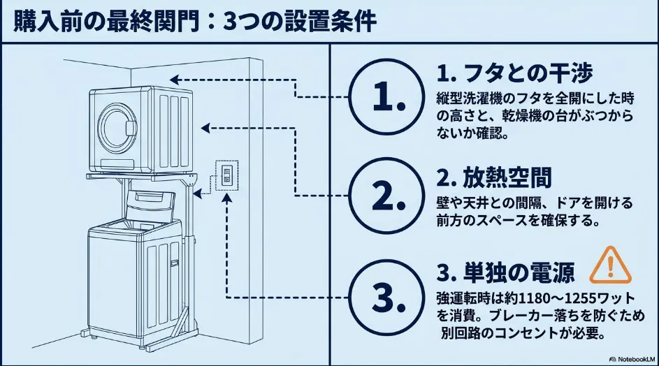 洗濯機の上に衣類乾燥機を設置する際に確認する、洗濯機のフタとの干渉、放熱空間、単独電源の3つの設置条件