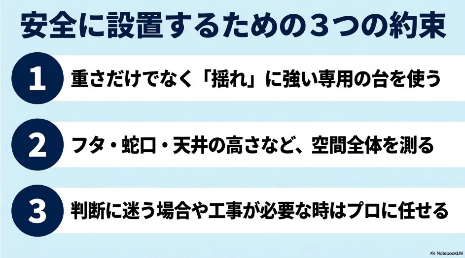 衣類乾燥機を安全に設置するための専用台、立体採寸、専門業者相談の3項目
