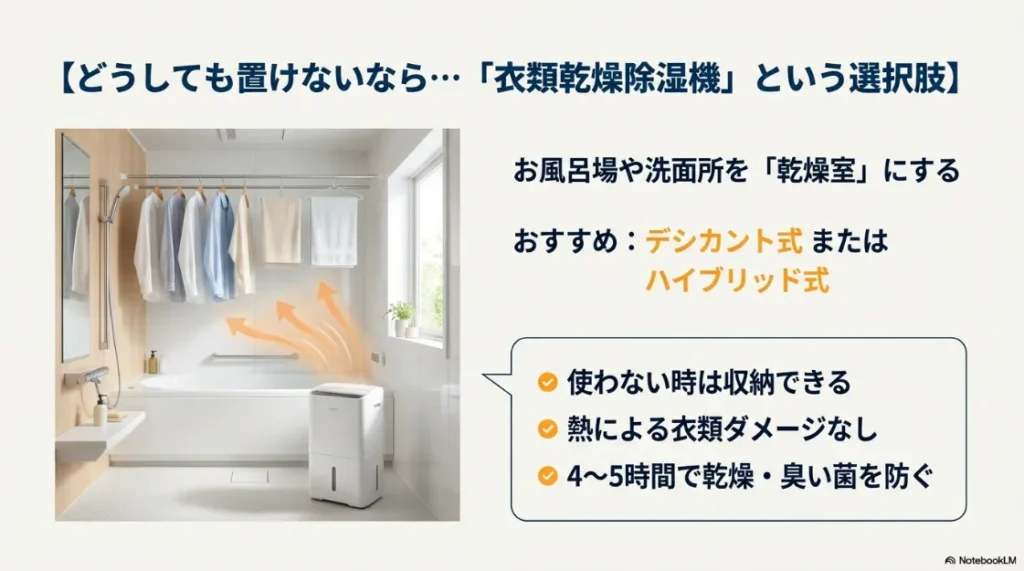 お風呂場に干した洗濯物に除湿機の風を当てて乾燥させるイメージとデシカント式のメリット