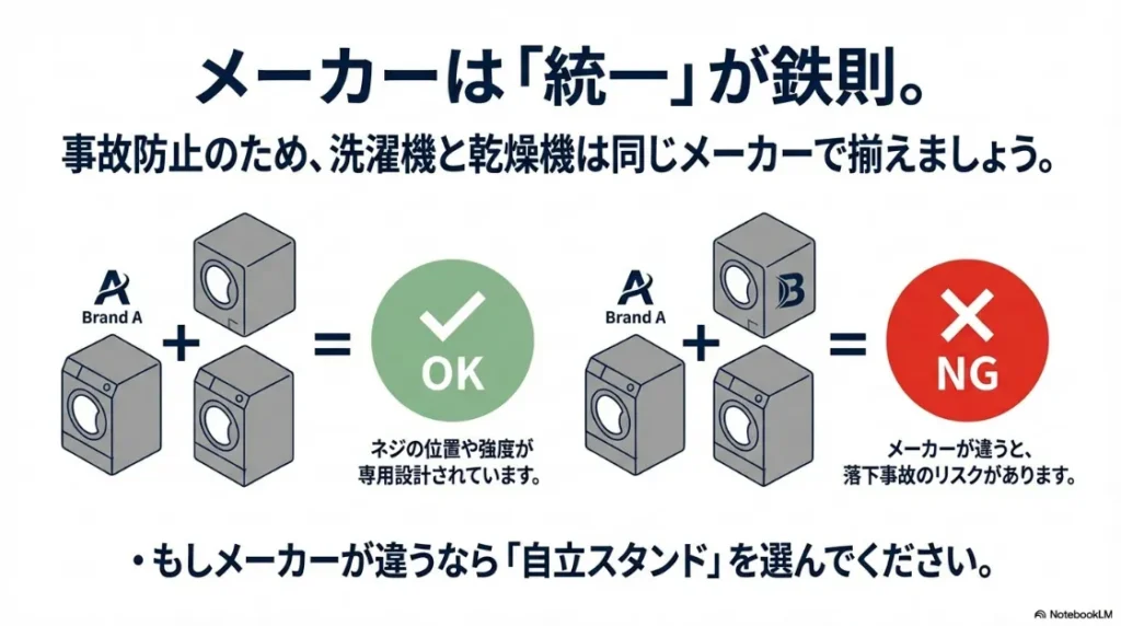 同じメーカー同士なら専用設計でOKだが、メーカーが違うと落下事故のリスクがあることを示すイラスト。