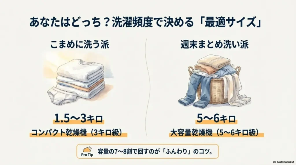 こまめに洗う派（3kg級）と週末まとめ洗い派（5-6kg級）の比較と、ふんわり仕上げる容量のコツ