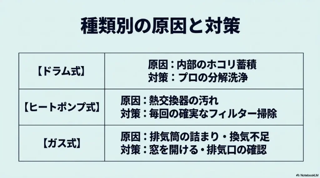 ドラム式、ヒートポンプ式、ガス式のタイプ別の乾燥不備の原因と対策をまとめた一覧表