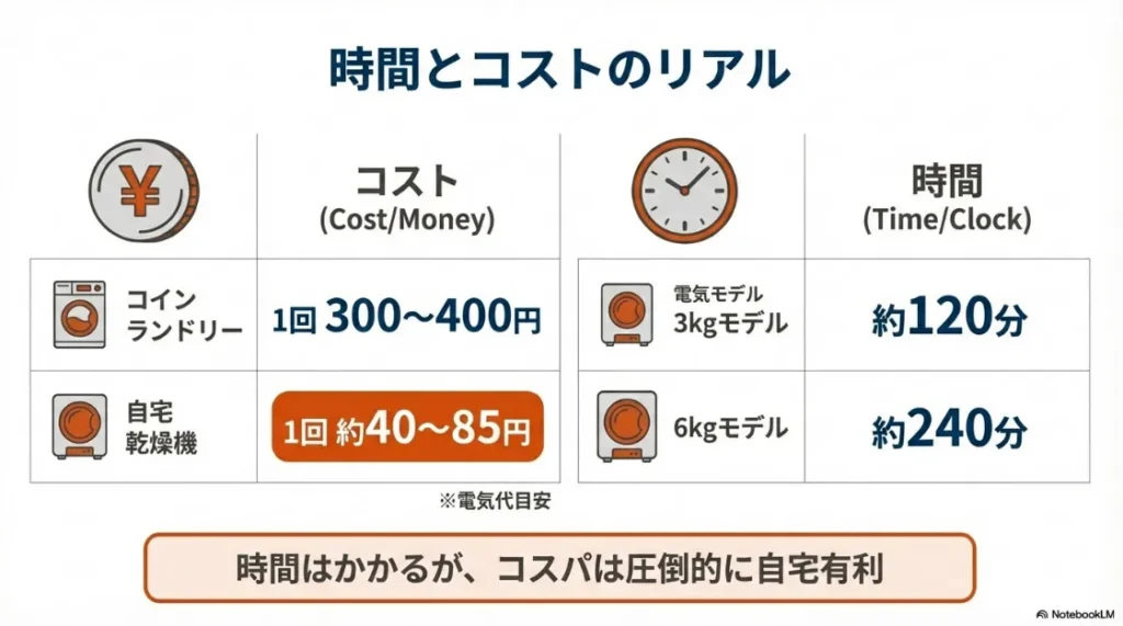 コインランドリー1回300円〜400円に対し、自宅乾燥機は1回約40円〜85円と圧倒的にコスパが良いこと、ただし電気式は乾燥に時間がかかることを示す比較図。