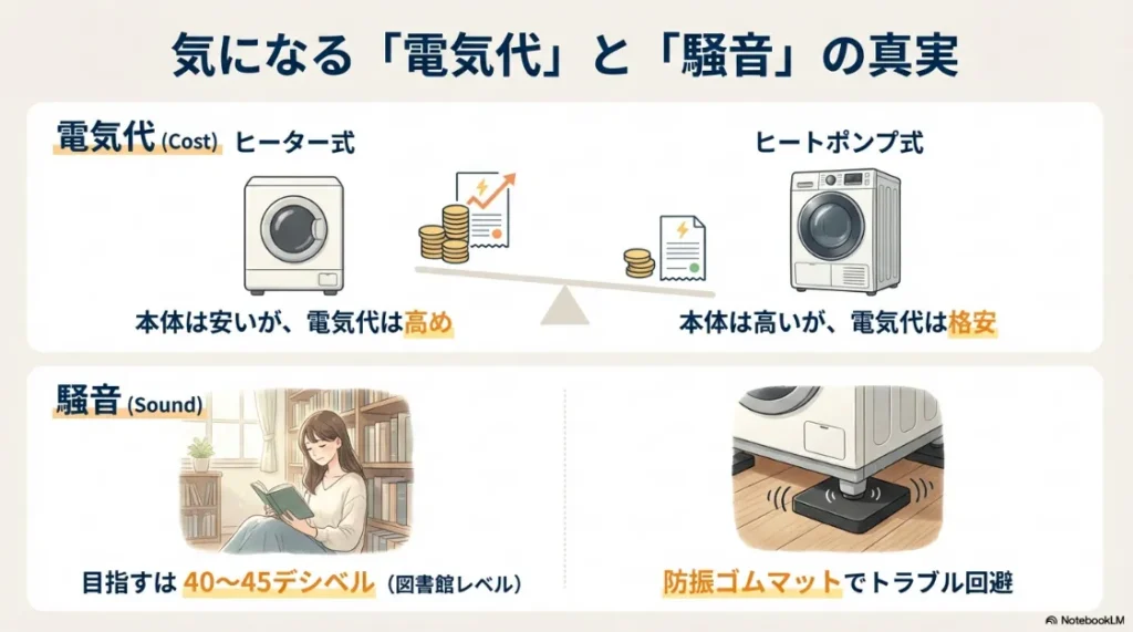 ヒーター式とヒートポンプ式のコスト比較、および40-45デシベルを目指す騒音・振動対策の図解