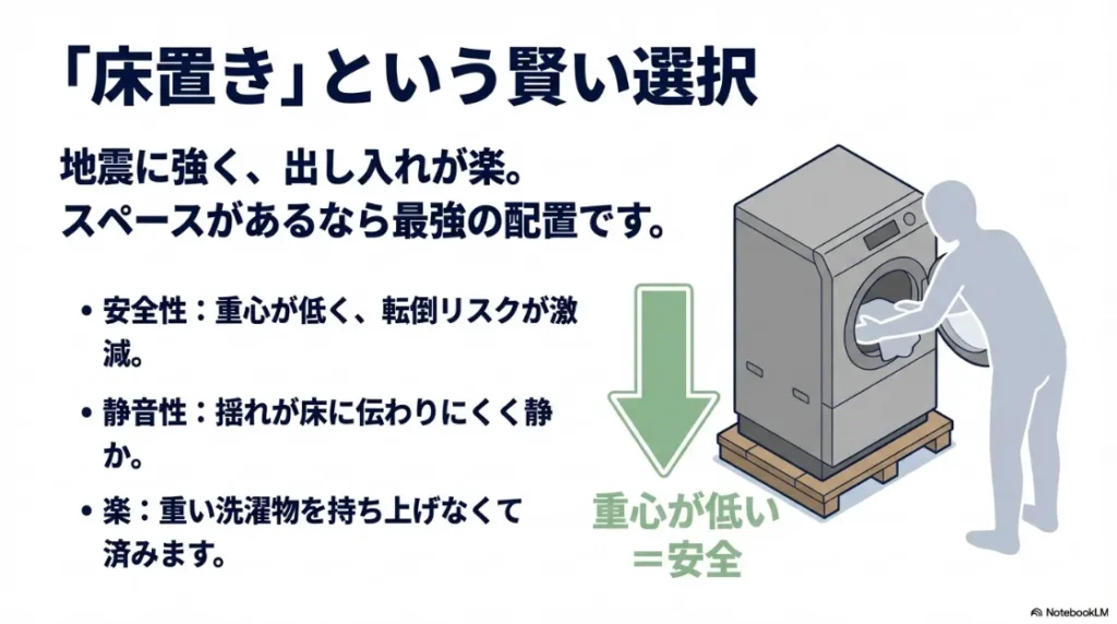 乾燥機を低い位置に置くことで重心が下がり、安全性が向上することを示すイラスト。