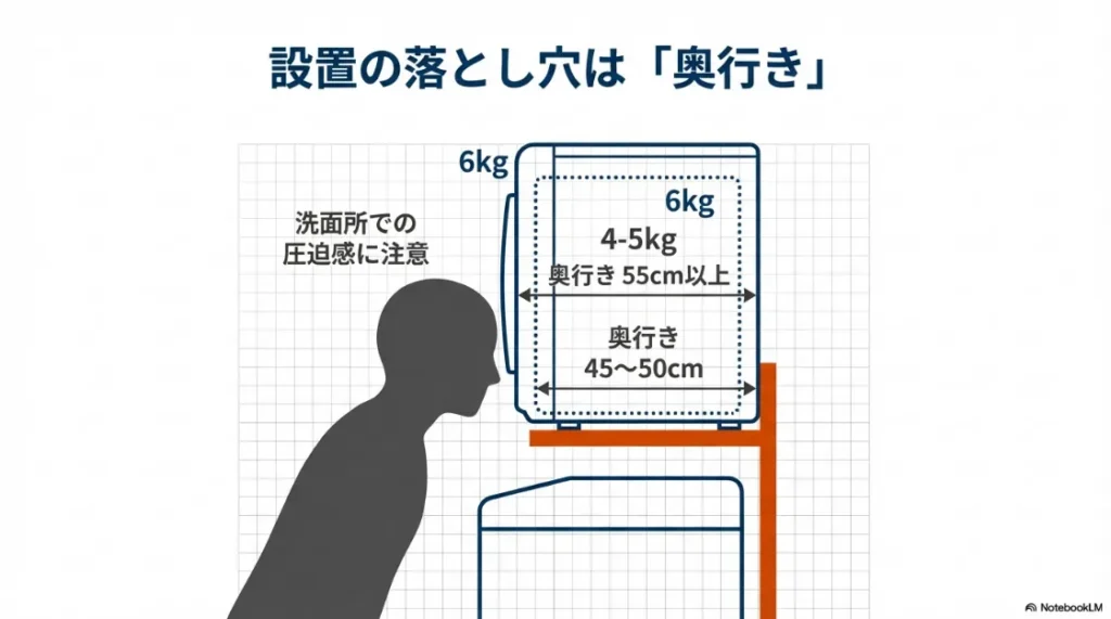 4-5kgモデル（奥行き45-50cm）と6kgモデル（奥行き55cm以上）のサイズ差と、設置した際の洗面所での圧迫感の違いを説明する図。