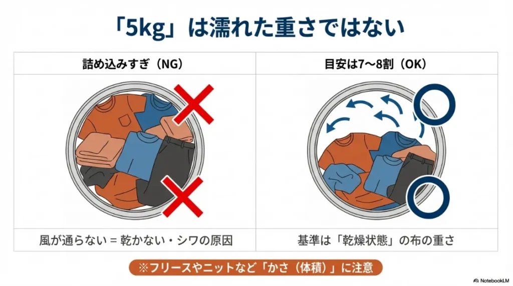 乾燥容量の基準は「乾燥状態」の布の重さであることと、効率よく乾かすためにはドラム内の7〜8割に抑え、風の通り道を作ることが重要であると解説するイラスト。