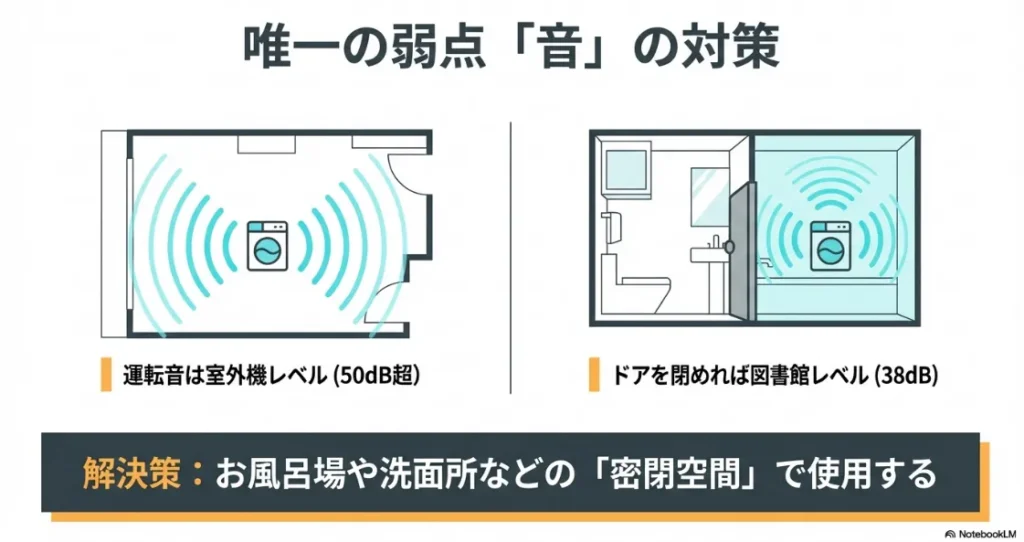 密閉空間で使用することで運転音を図書館レベルまで抑える騒音対策の図解