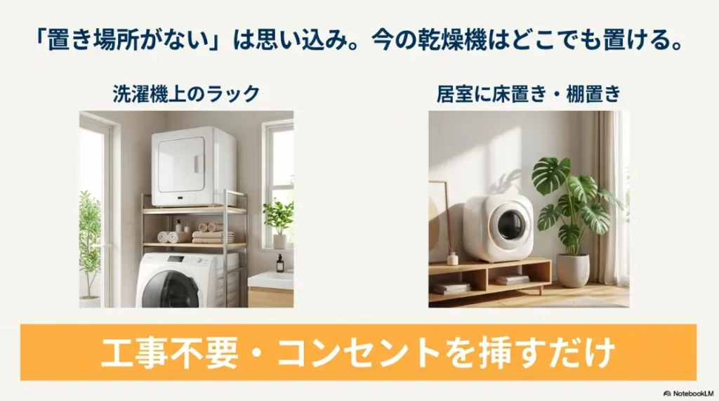 洗濯機上のラック設置と、居室での棚置き・床置きの設置イメージ