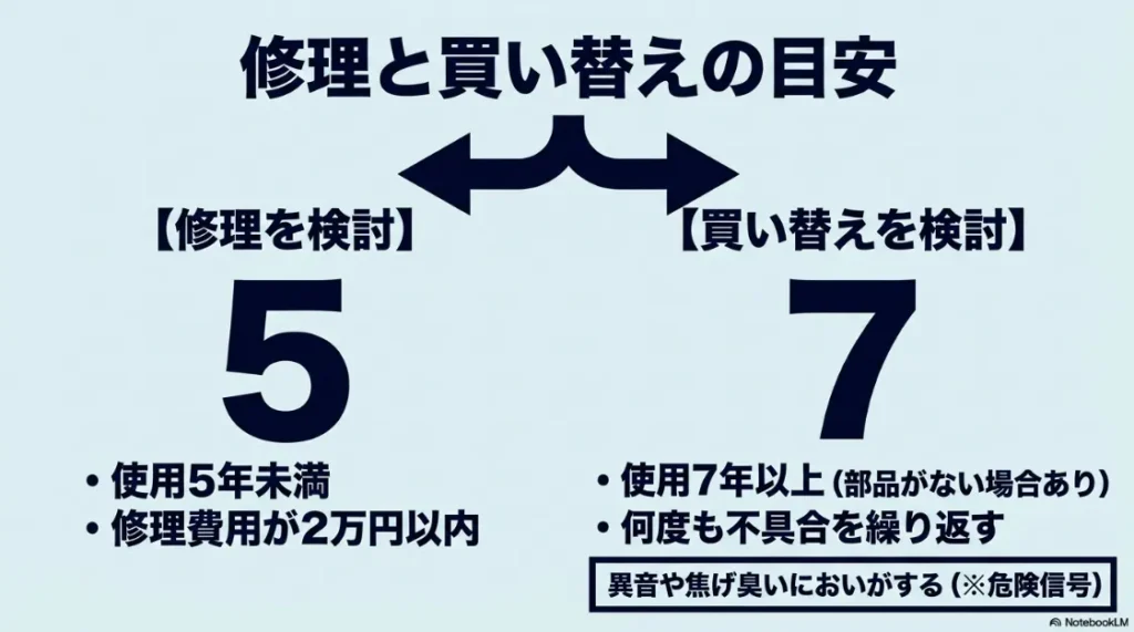 衣類乾燥機の使用年数や修理費用に基づいた、修理と買い替えの判断基準を比較したスライド