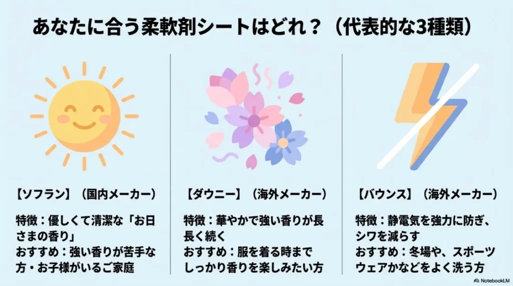 国内外の代表的な柔軟剤シート（ソフラン・ダウニー・バウンス）の特徴比較表