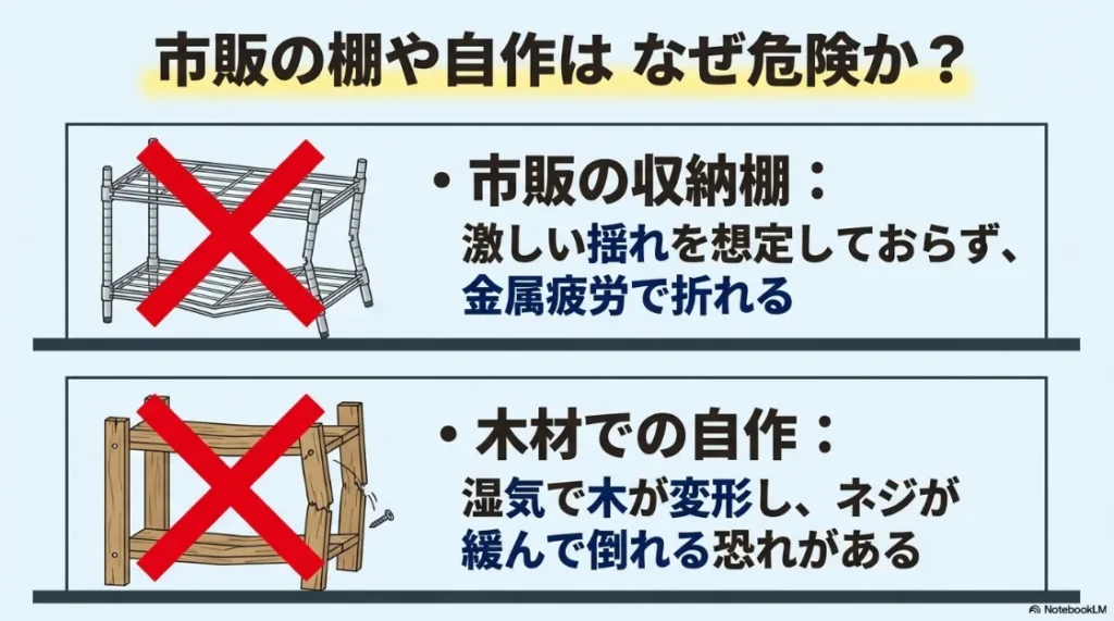 市販の収納棚や木材の自作スタンドが、激しい揺れによる金属疲労や湿気による変形で倒壊するリスクを説明する警告図