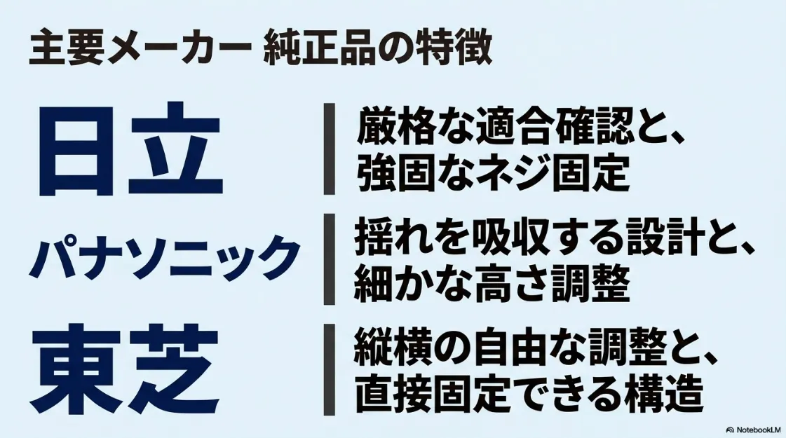 主要メーカー（日立、パナソニック、東芝）の純正スタンドの特徴をまとめた比較表。適合確認、振動吸収、自由な調整などのメリットを記載。