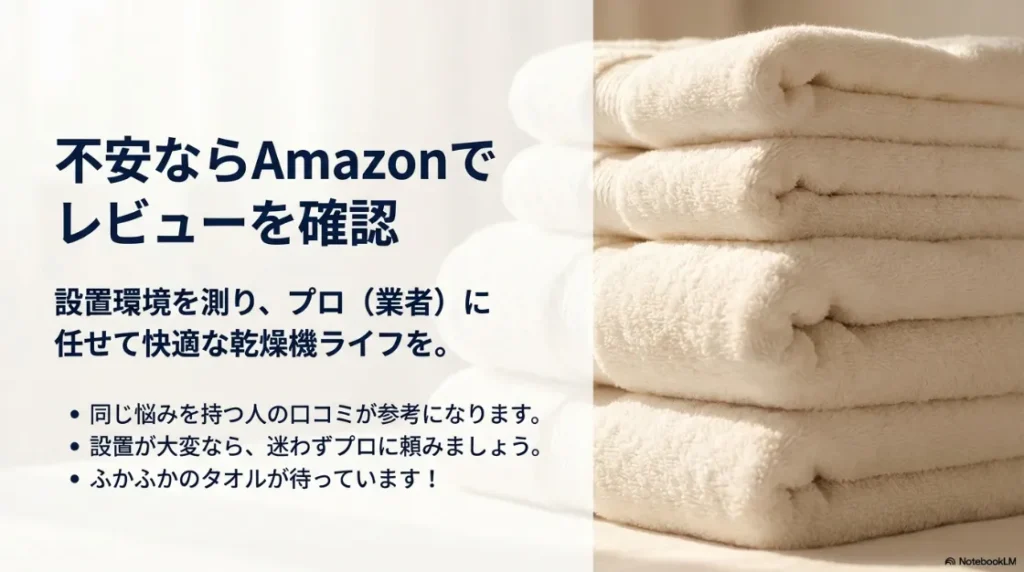Amazonのレビュー確認や設置業者への相談を推奨する、快適な乾燥機ライフへのアドバイス。