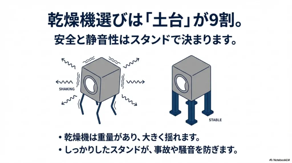 乾燥機の振動(SHAKING)と安定したスタンド(STABLE)の比較イラスト。しっかりした土台が事故や騒音を防ぐことを解説。