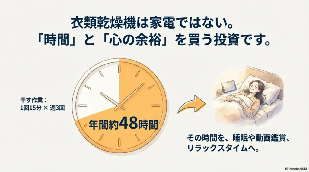 洗濯を干す作業が1回15分・週3回で年間約48時間に相当することを示す時計のイラスト