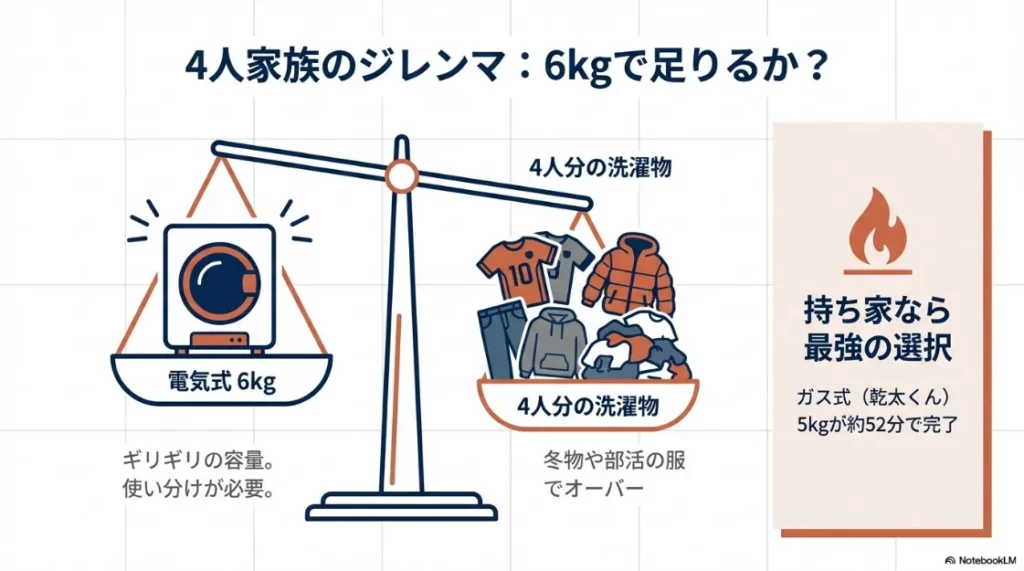 電気式6kgでは4人分の冬物や部活汚れで容量オーバーになりやすいことと、ガス式乾燥機「乾太くん」なら5kgが約52分で完了することを比較した図。